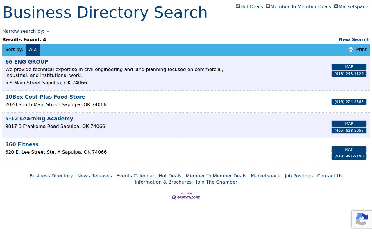 Sapulpa neighbors Chamber directory with association categories and search controls