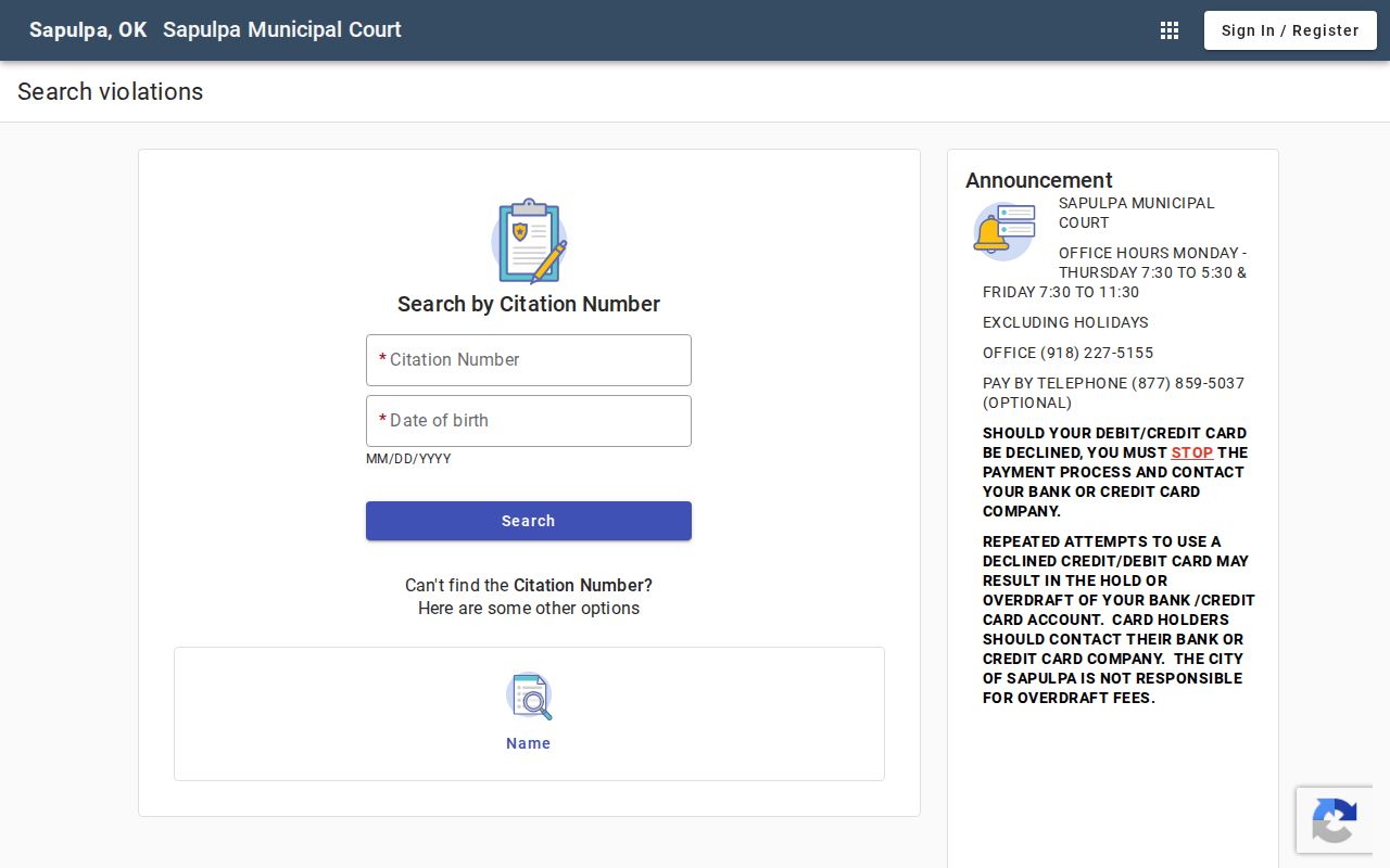 Sapulpa resident lookup municipal court search with citation and name fields